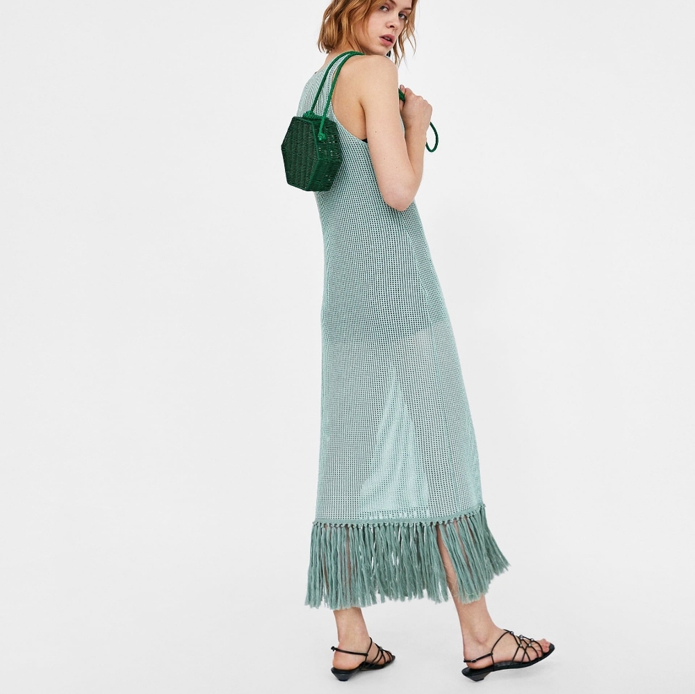 Zara 🧿 Green mesh fringe maxi see through dress - Picture 3 of 4